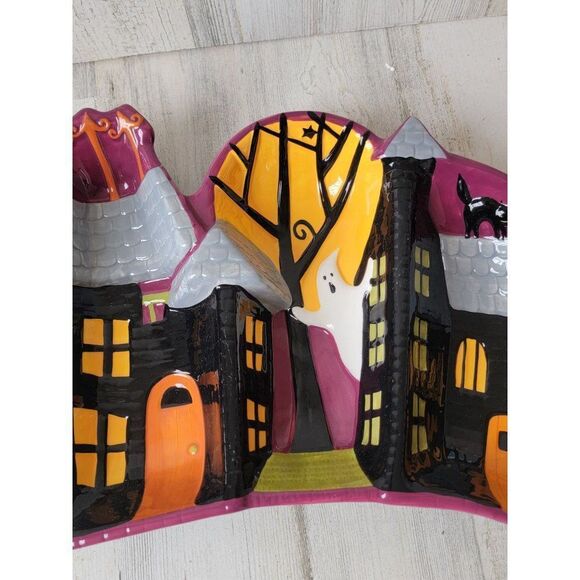 Ceramic haunted house tri serving dish Halloween ghost cat - Picture 3 of 8